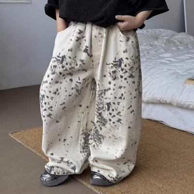 Korean Style Boys Jeans Spring Autumn Kids Apricot Leopard Print Casual Wide Leg Pants Children Versatile Trousers