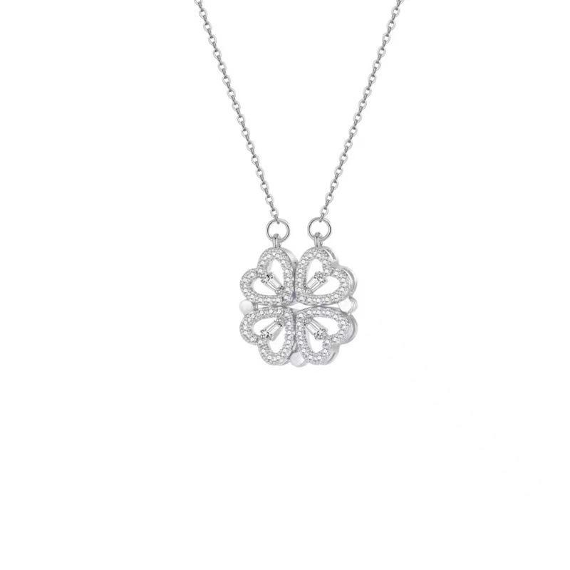 Four-Leaf Clover Multi-Wear Folding Clavicle Necklace with Full Diamond Love Design