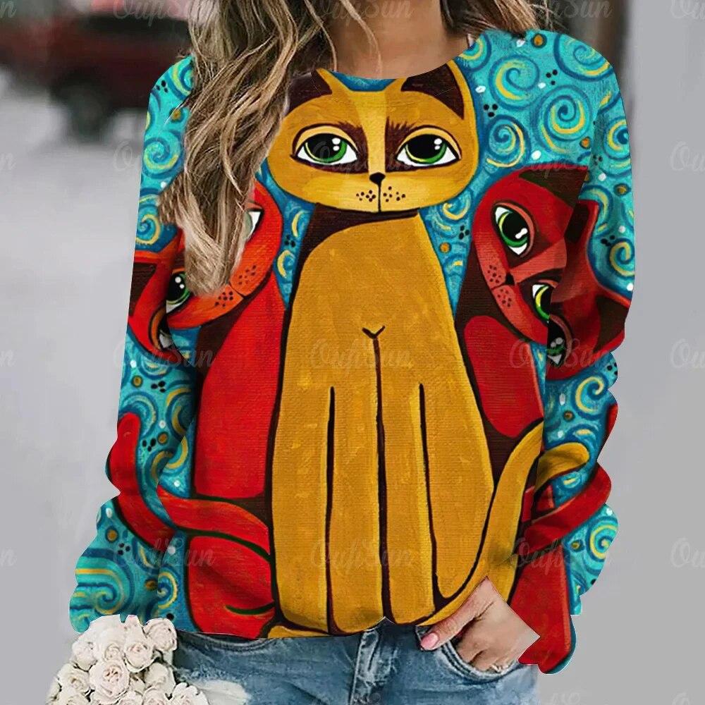 Dámské tričko Anime Kočičí potisk Topy s dlouhým rukávem Vintage svetr Bavlna s výstřihem do tvaru Y2k Dámské oblečení Oversized Street Pullover