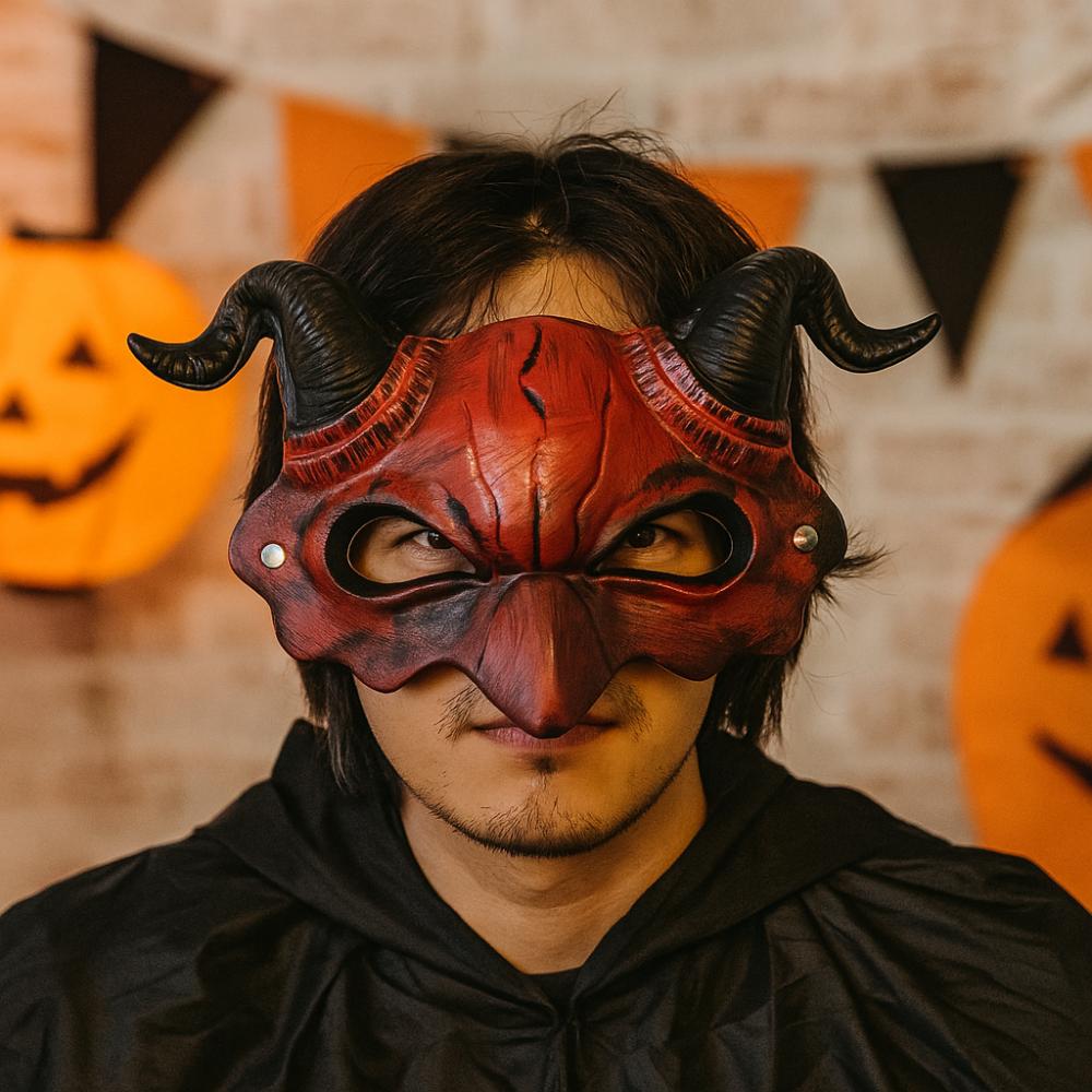 PU Leather Halloween Mask Demon Cosplay Masquerade Simulation Headgear Goat Horn Mask  Unisex