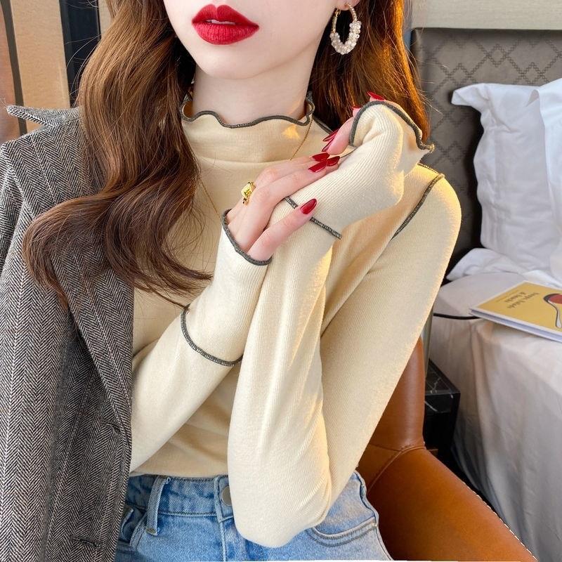 Women s Mock Neck Long Sleeve Top Slim Fit Contrast Stitch Blouse L