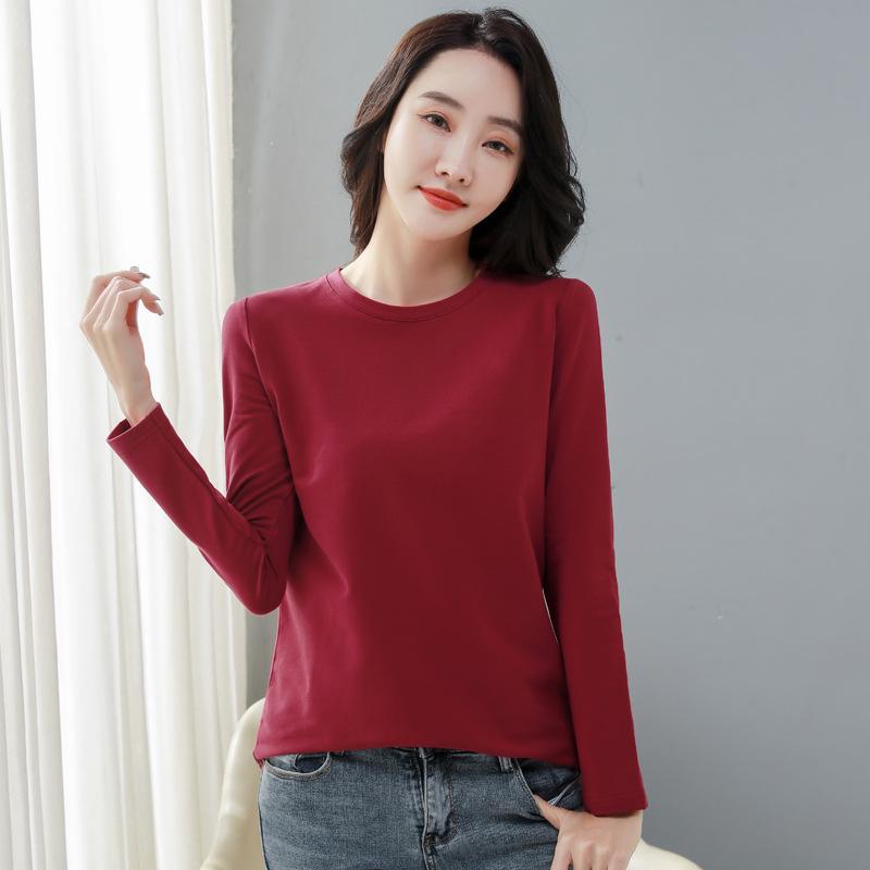 2024 Spring & Autumn Women's Long Sleeve Round Neck T-shirt - Korean Style Casual Solid Color Base Layer