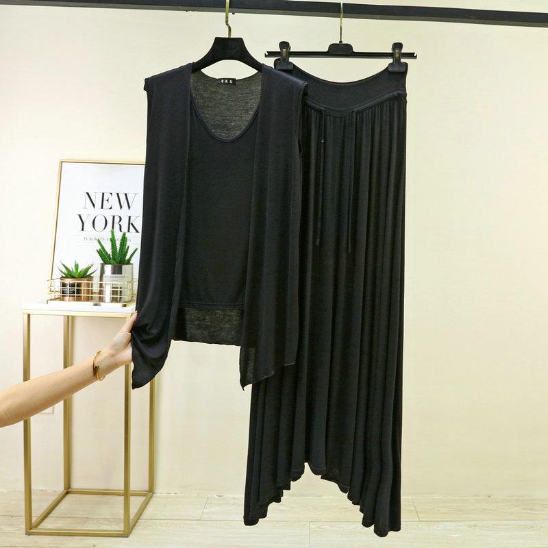 

Plus size M to 6XL Modal Pajamas sets Summer Layering Vest Cardigan Top with strawstring Long Skirt Fashion Versatile 2 Piece Outfit M