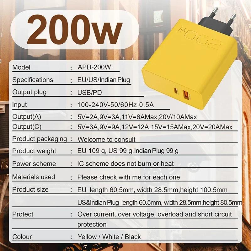 200W USB Type-C Fast Charging Mobile Phone Charger Adapter Fast Charging USB PD EU Plug for iPhone 16 15  Samsung