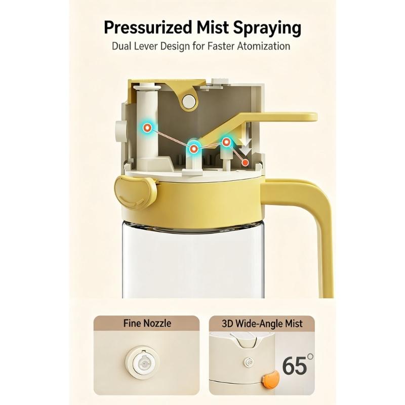 Cooking Oil Mist Bottle with a Visible Body, Button-Open Fill Lid and Pour Outlet for Stovetop Meals and Salad Preparation