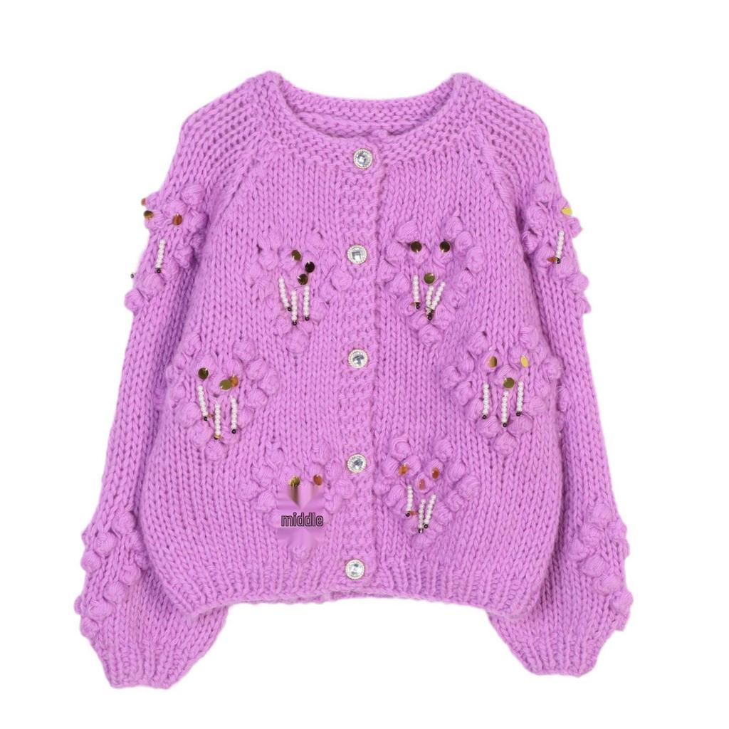 Women's Fashionable Purple Pom-Pom Cardigan - Round Neck, Beaded, Hand-Crocheted, Lazy Style, Autumn/Winter Sweater