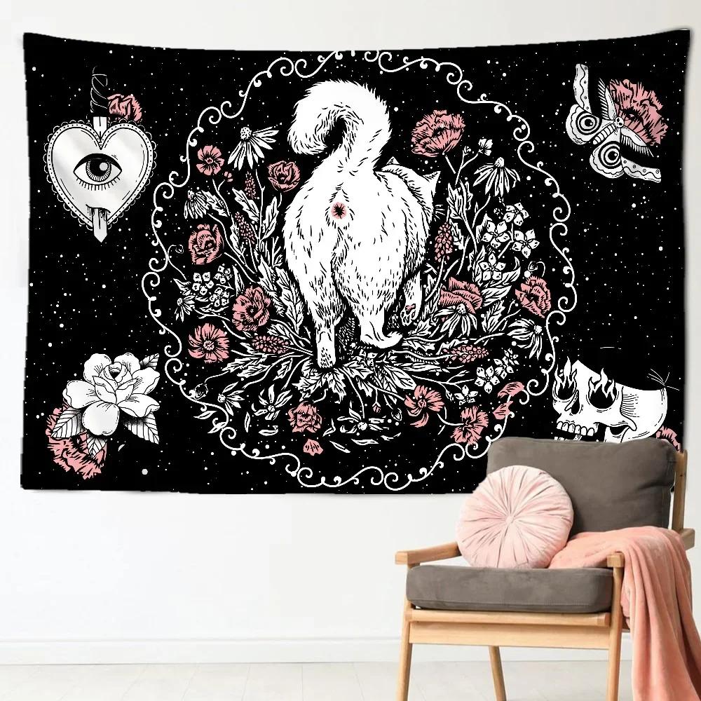 VIKAMA Witch Cat Tapestry Mystic Moon Star Wall Art Esoteric Divination Art Suitable for Living Room or Bedroom