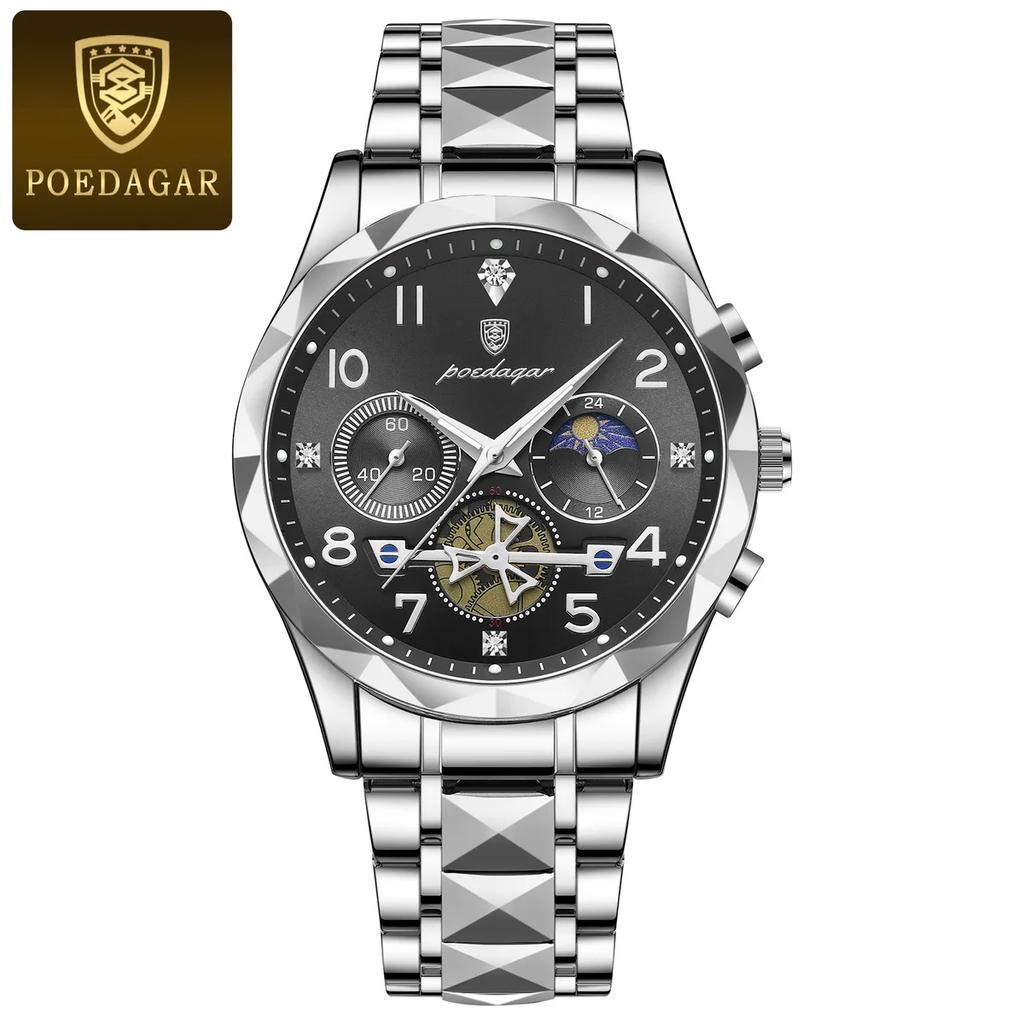 POEDAGAR Luxusuhr für Mann Sport Edelstahl Herren Quarzuhr Wasserdicht Leuchtend Chronograph Herrenuhren