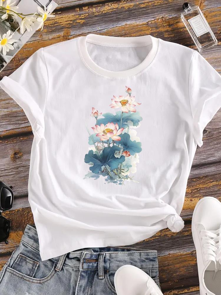 (Asian Size) Lady Female Top Printed Women Flower Sweet Trend 90s Casual T Shirt Fashion Graphic Short Sleeve T-shirts Tee Clothing
