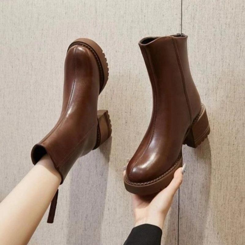 Fashion Ankle Boots for Women Fleece-Lined Leather Warm Round Toe Booties Chic and Elegant High Quality Fashion 2025 Woman Short Shoes