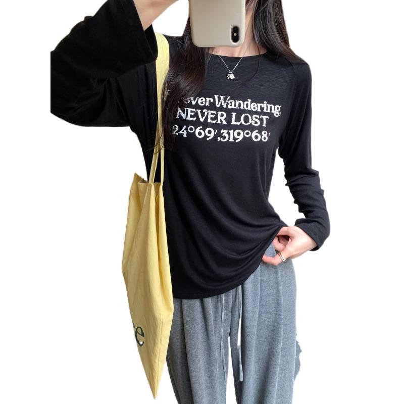 Women's European Style Long Sleeve Loose-Fit Letter Print T-Shirt, American Retro Slim Base Layer