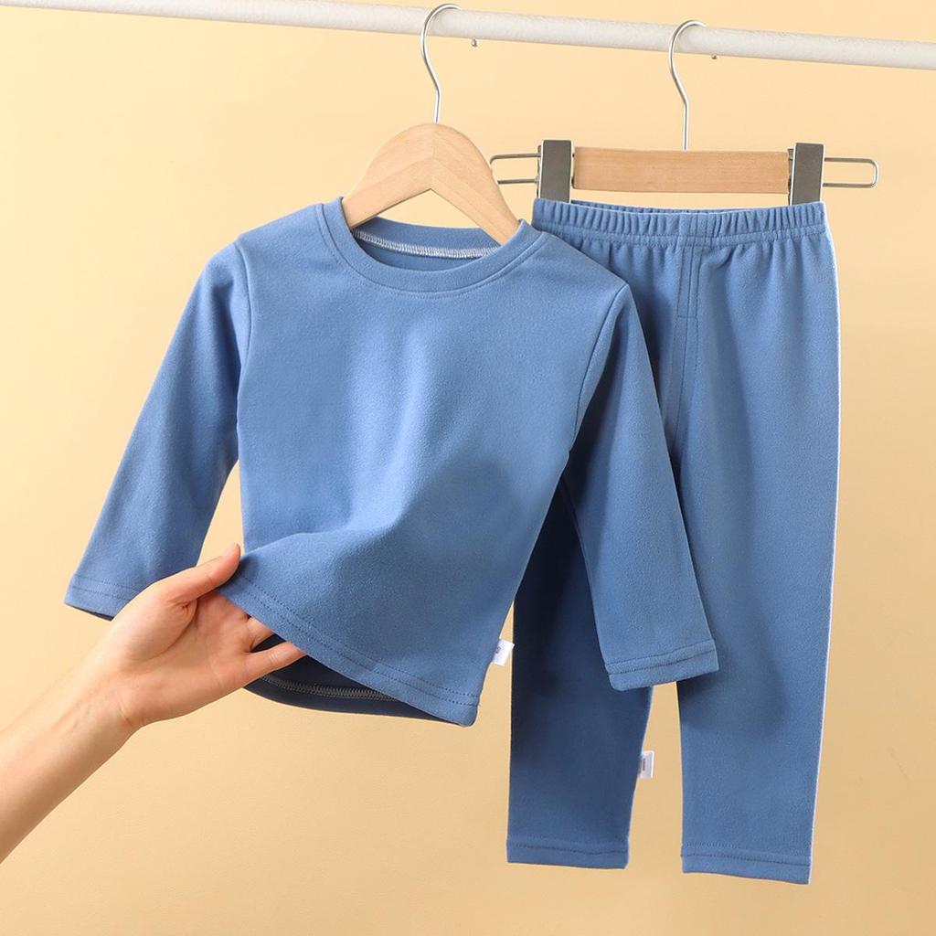 Children's Soft Solid Color Pajama Set for Autumn/Winter - Girls' and Boys' Homewear