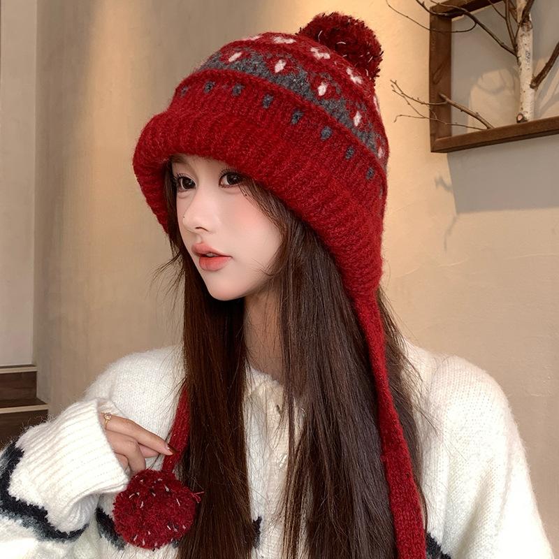 Fair Island hat women's autumn and winter big head circumference knitted hat retro balaclava hat thermal ear protector wool hat
