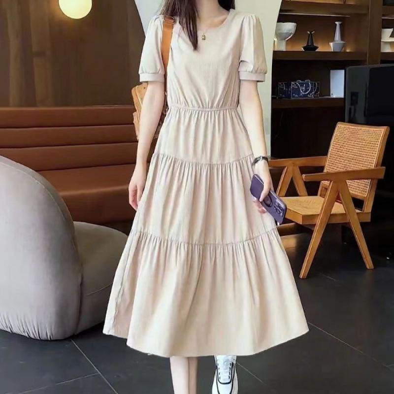 New Loose Belly Cover Foreign Style Medium and Long Thin Waist Splicing Short-sleeved Crew Neck Dress In Summer
