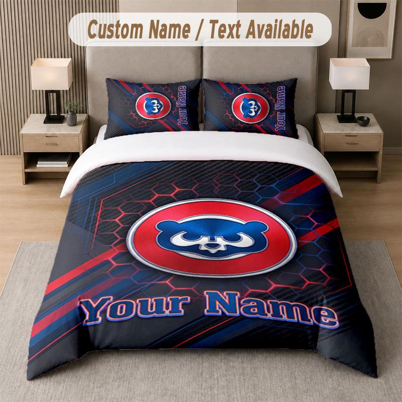 Custom Bedding Set Chicago Cubs Pattern, Print Name Text 1 Duvet Cover plus 2 Pillowcases Home Textile