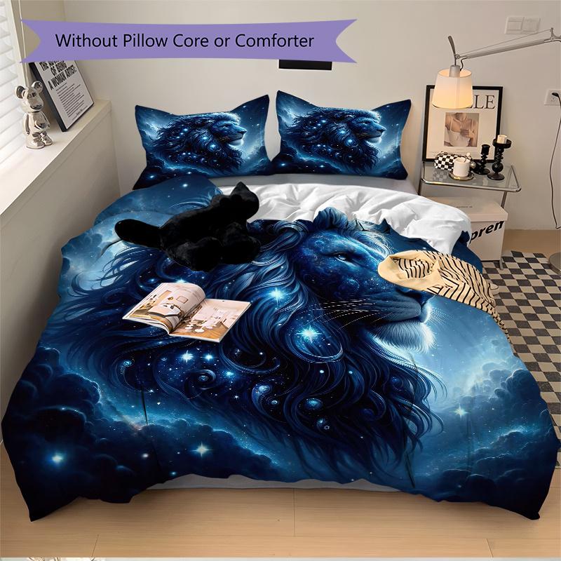 3pcs Starry Sky Majesty Lion Printed Bedding Set, Soft and Comfortable Quilt Cover for Bedroom, Guest Room (1 Duvet Cover + 2 Pillowcases, Pillow