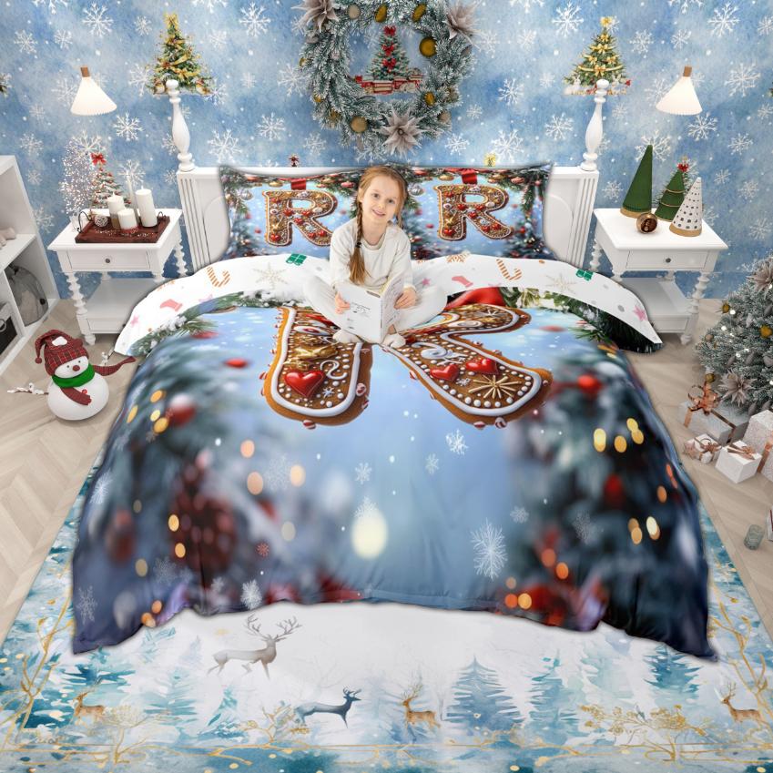Homewish Frohe Weihnachten Bettbezug-Set für Kinder, Lebkuchen Monogrammiertes Bettwäsche-Set, Weihnachten Neujahr Bettdeckenbezug-Set