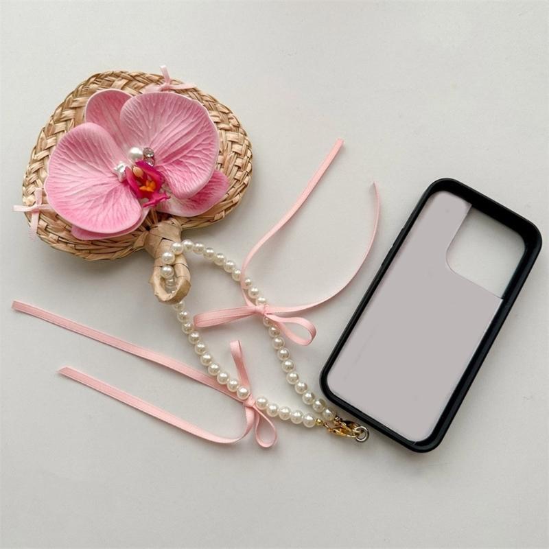 Handmade Moth Orchids Flower Pendant Portable Chain Bag Charm Handmade Fan Keychain Fashionable Bag Accessories for Phone