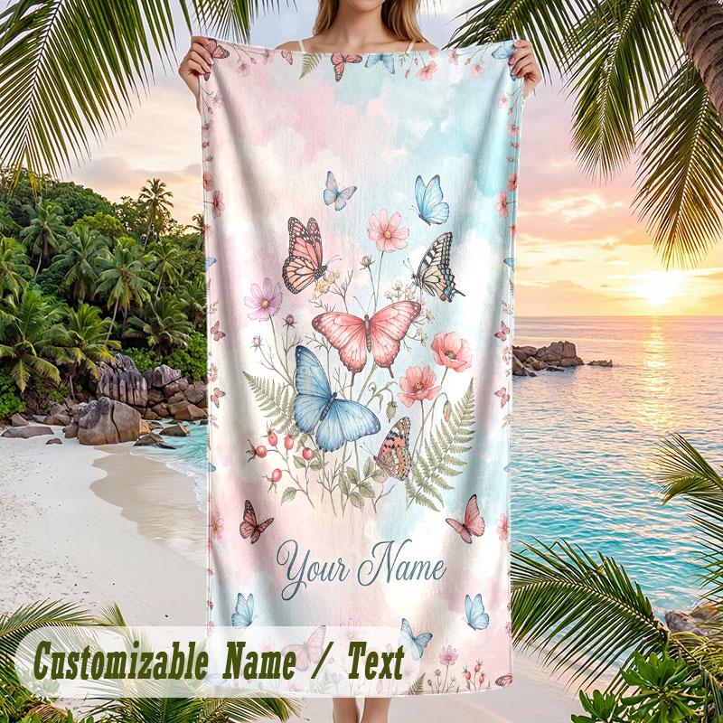 Butterflies Flowers Garden 14 Theme Quick Dry Beach Towel Custom Name Text Print Large Sand Resistant Towel Beach Vacation
