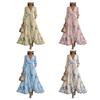 Women's Floral Print Pleated Maxi Dress V Neck Long Sleeve Wedding Guest Dress Spring Flowy Party Cocktail Dress