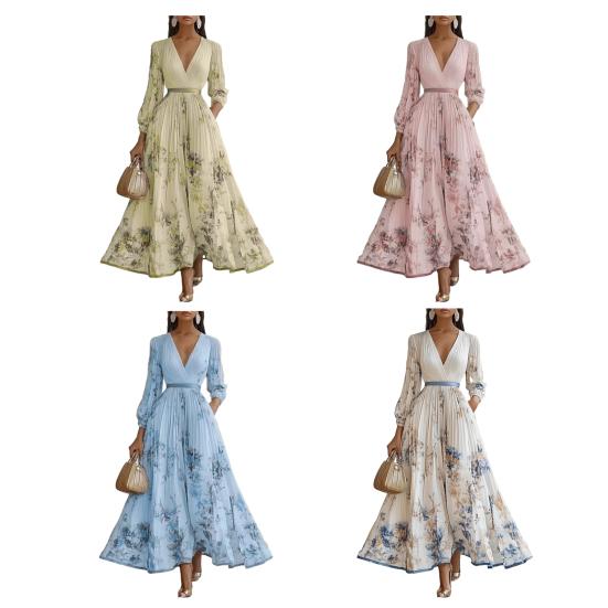 Women's Floral Print Pleated Maxi Dress V Neck Long Sleeve Wedding Guest Dress Spring Flowy Party Cocktail Dress