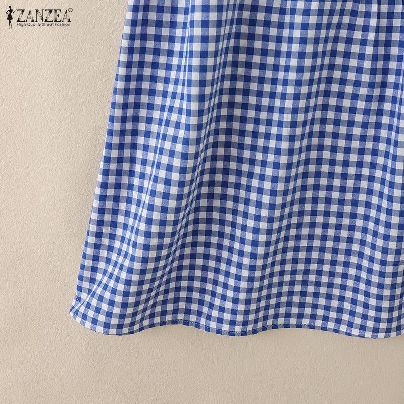 ZANZEA Women Casual Round Neck Short Sleeve Plaid Print Dress