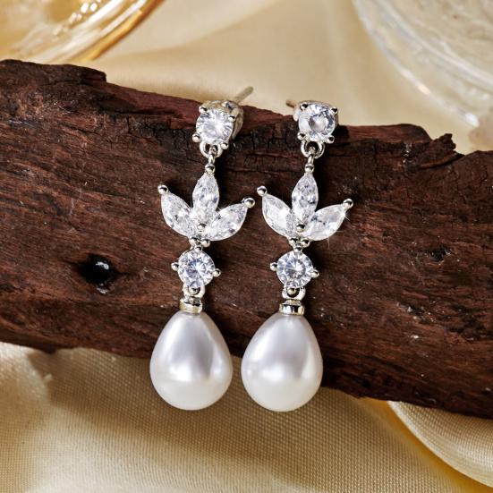 1 Paar Hängeohrringe Imitation Perle Zirkonia Kamelien-Design Anhängerohrringe Braut Hochzeitsohrringe Schmuck Geschenk