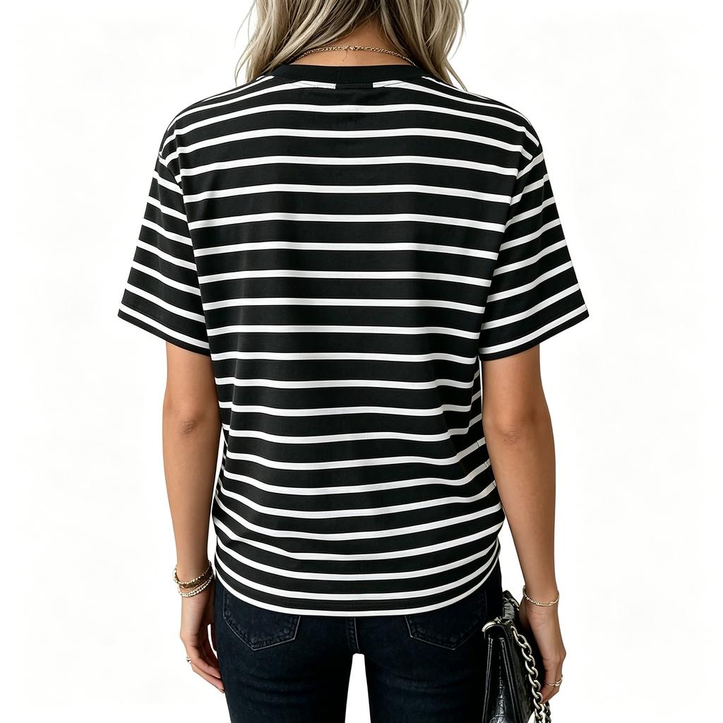Women Short Sleeve Striped T Shirt Summer Round Neck Basic Casual Top Lightweight Breathable Soft Fabric Comfortable Fit