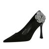Fashion New High Heels Women Shoes Thin Heel Rhinestone Side Flower Pumps Lady Black Pointed Toe Stiletto Xishi Velvet Sexy Party Shoes