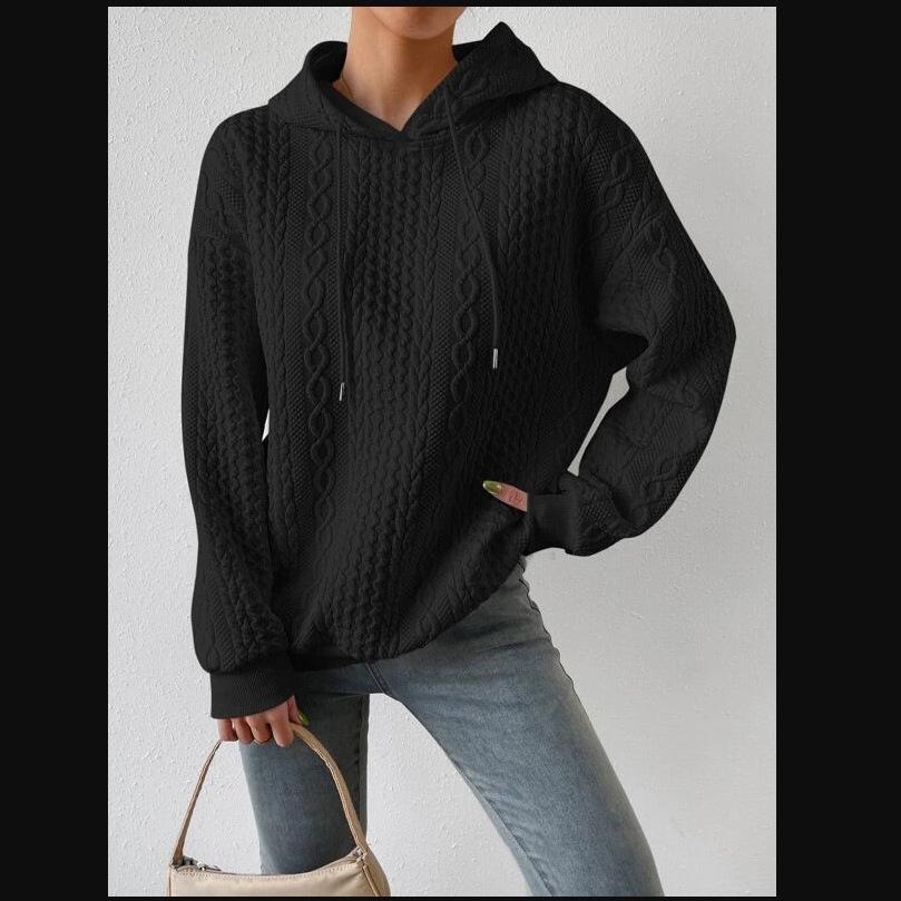 European & American Autumn Plus Size Women's Jacquard Long Sleeve Tie-Up Hooded Knit Sweatshirt, 2023