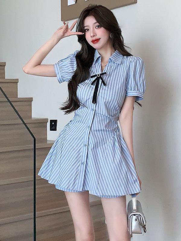 Women's College-Style Puff Sleeve Shirt Dress - Summer 2026 Petite Short Skirt Suit