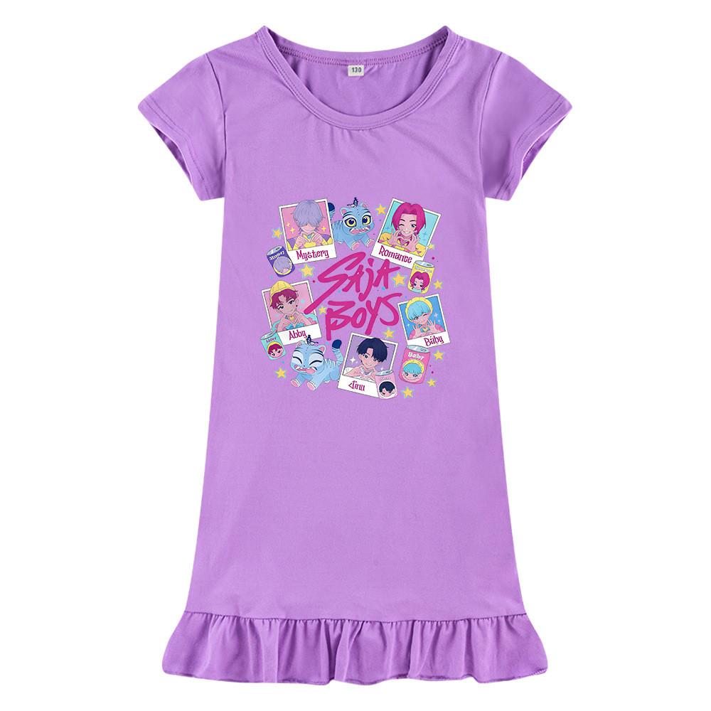 M1206 Kids Girls Sajaboys Kpop Rumi Zoey Mira Print Short Sleeves Ruffle Dress