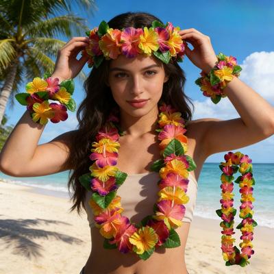 12 Color Hawaiian Flower Garland Set Necklace Headband Bracelet Tropical Party Accessories
