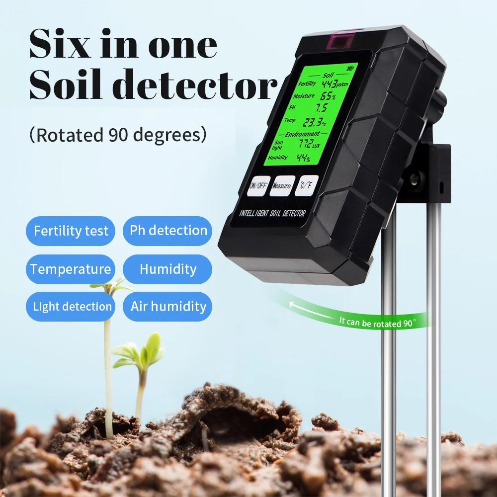 

6 in 1 Soil Detector Soil Tester PH Temperature Humidity Sunlight Air Moisture Nutrient Fertility Meter Gardening Tool Black