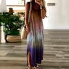Women V Neck Sleeveless Gradient Color Pockets Slitting Hem Long Dress