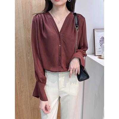 Shirt Women's Spring and Autumn New Trendy V-neck Temperament Shirt Design Sense Niche French Retro Top