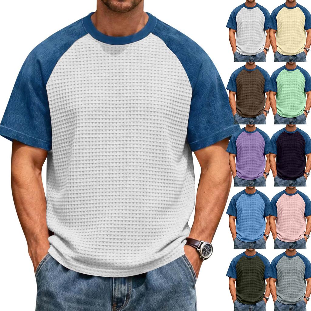 Men's Casual Lightweight Waffle Knit Raglan Short Sleeve Crew Neck Shirt Loose Fit Big Size Top for Everyday Wear