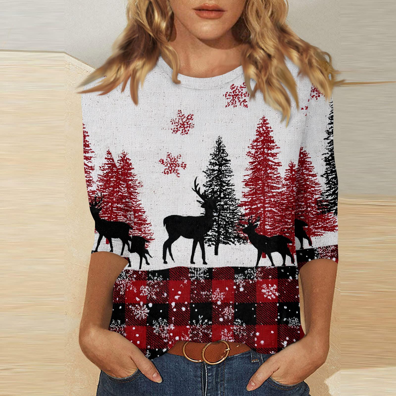 

Женский модный повседневный топ с рукавом три четверти и круглым вырезом с принтом XL винный