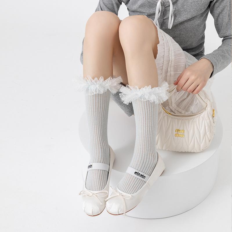 Lolita Girls Lace Ruffles Middle Socks Solid Color Japanese Summer Mesh Breathable Women Stockings  Elastic Thin JK Calf Socks
