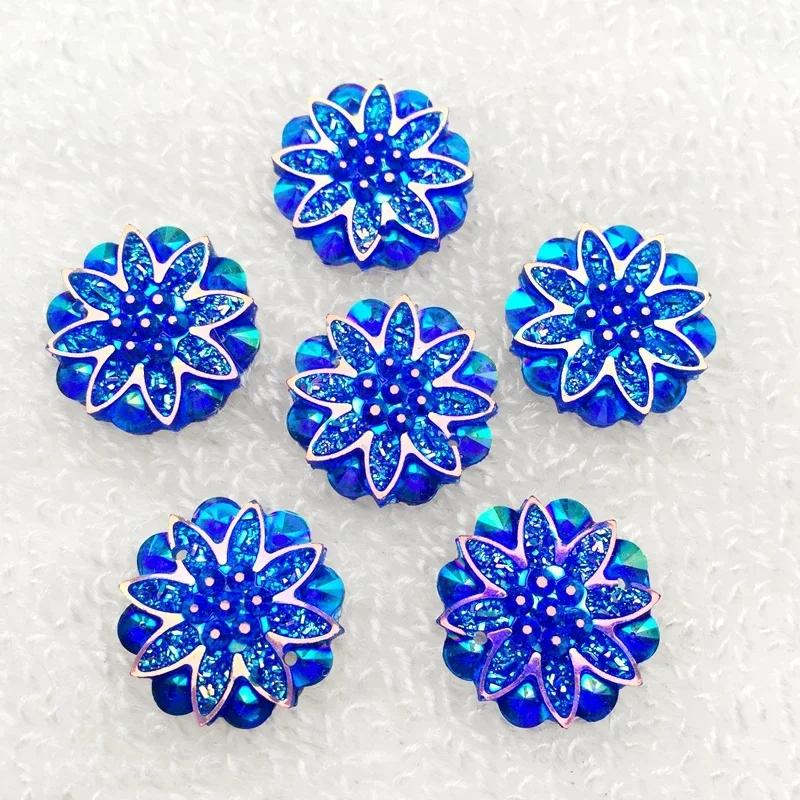 20pcs 18mm Round Flower AB Resin Crystal Strass Applique and  2 Holes Buttons for Diy Clothing - HA27
