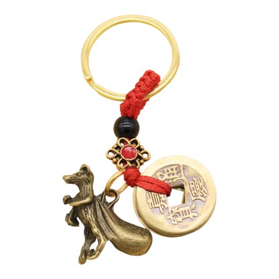 Retro Copper Keychain Pendant with Five Emperors Money Feng Shui Twelve Animal Charm Good Fortune Red Rope Key Chain Bag Car Accessory
