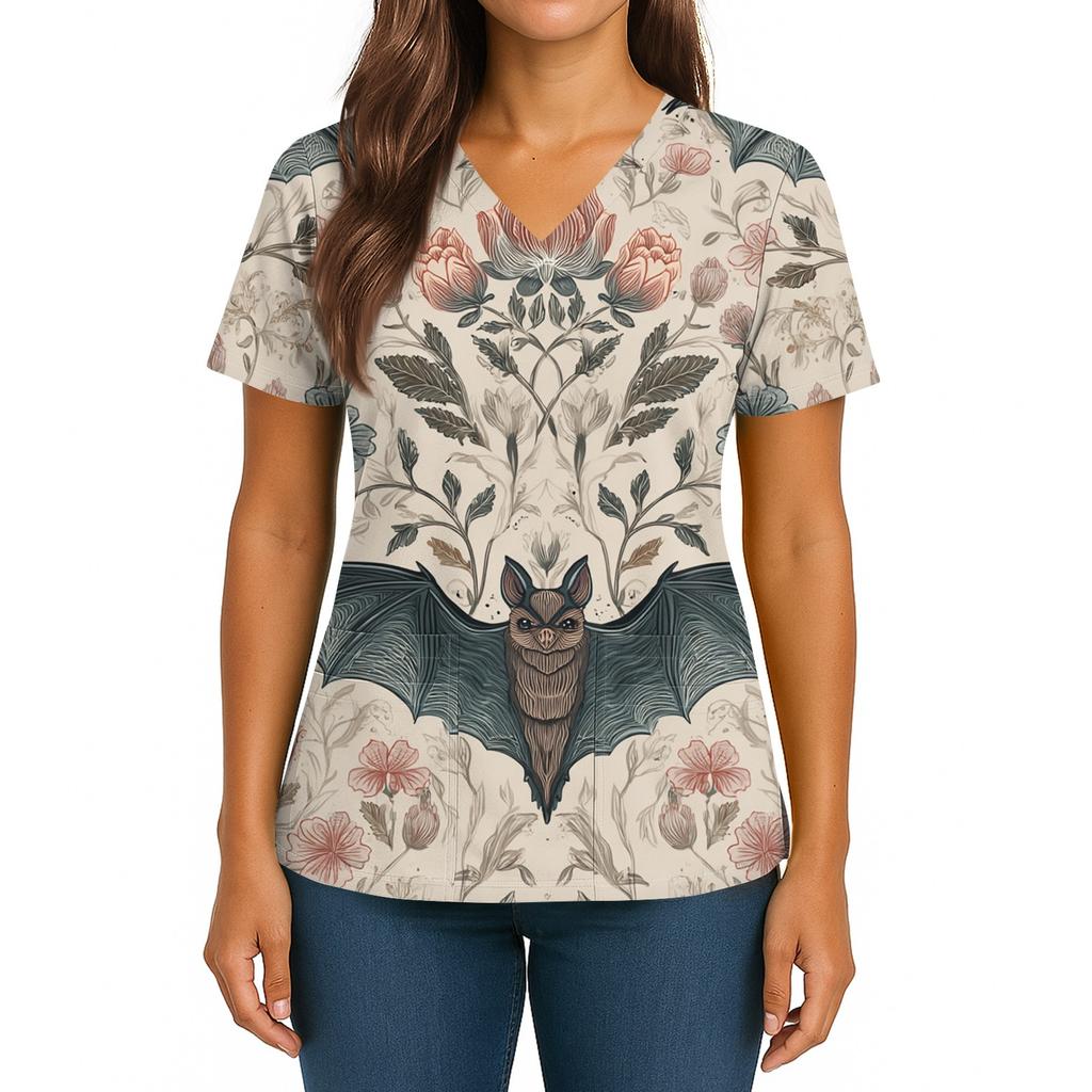 Women's Halloween Printed V-Neck Double Pocket Short Sleeves Hem Slit Uniform Caregiver Top