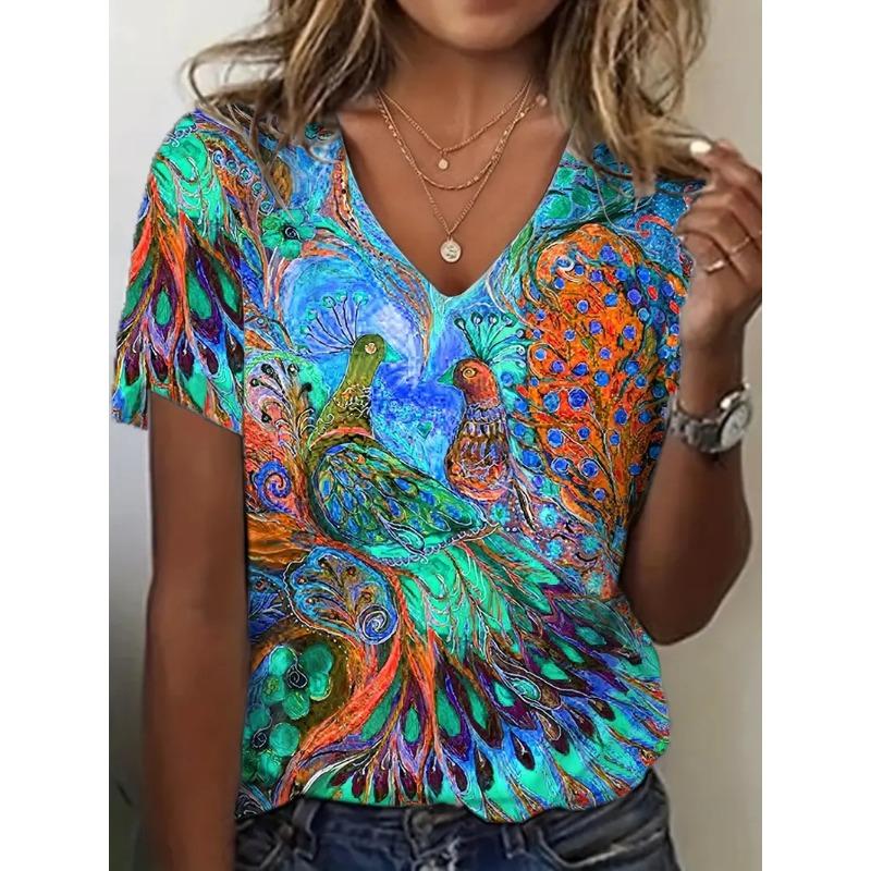 Sommerliches V-Ausschnitt-Top mit 3D-Tier-Phönix-Muster, modisches, lässiges Kurzarm-T-Shirt für Damen