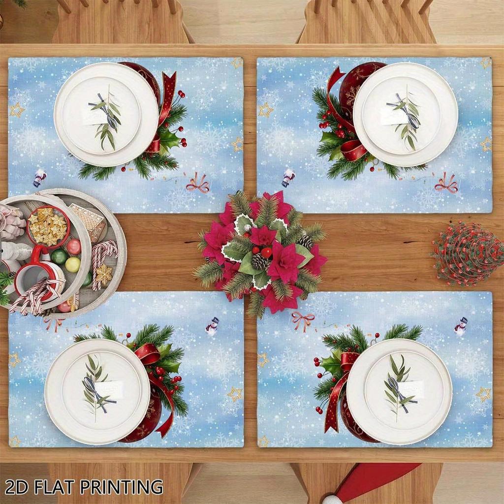 4pc Christmas Ball Printed Placemat Waterproof Anti Hot Holly Berry Pattern Placemat Holiday Decoration