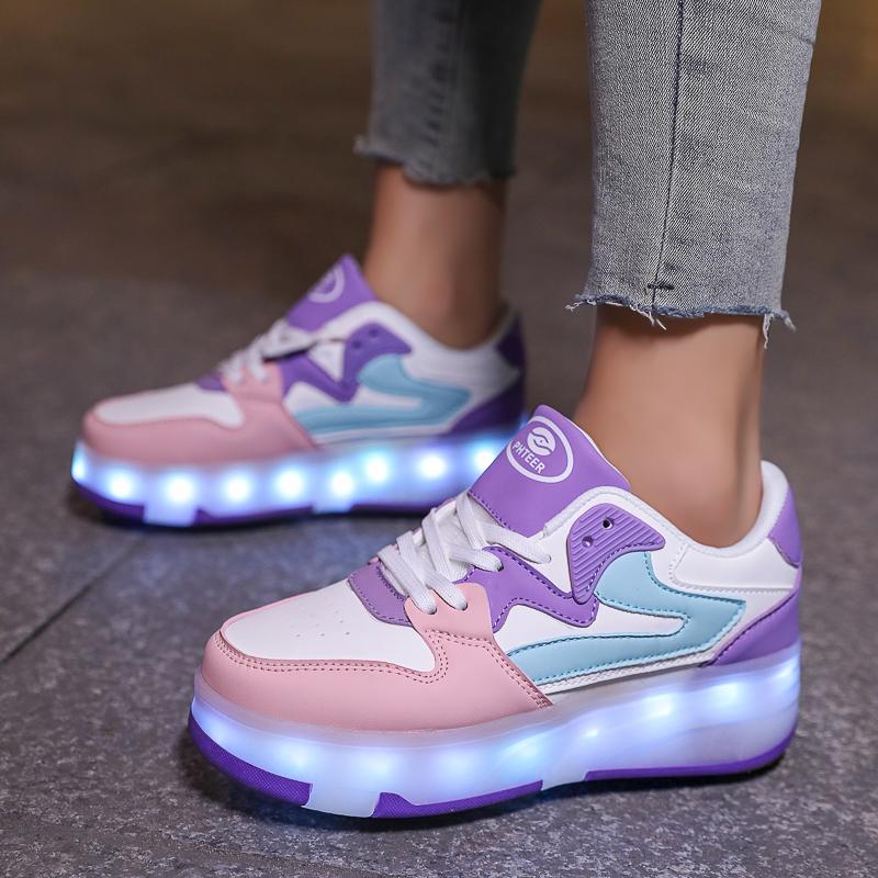 29-40 Zapatos Deportivos Planos Desmontables de Cuatro Ruedas para Niños Zapatos Deportivos Luminosos LED Recargables Patines de Cuatro Ruedas