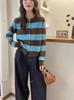 Women's Wool Knit Cardigan Sweater - Autumn/Winter, Loose Fit, Contrasting Stripes, Round Neck, Color Block Design.