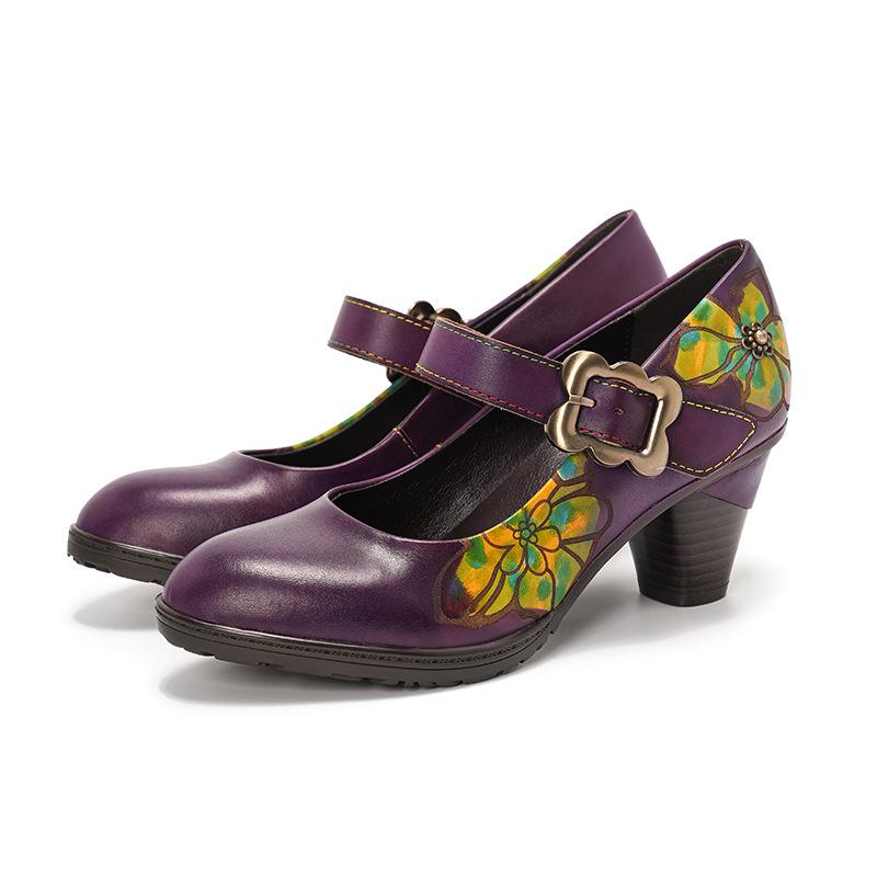 Johnature Retro Genuine Leather Printed Women's High Heels Comfortable Round Toe Thick Heels Pumps