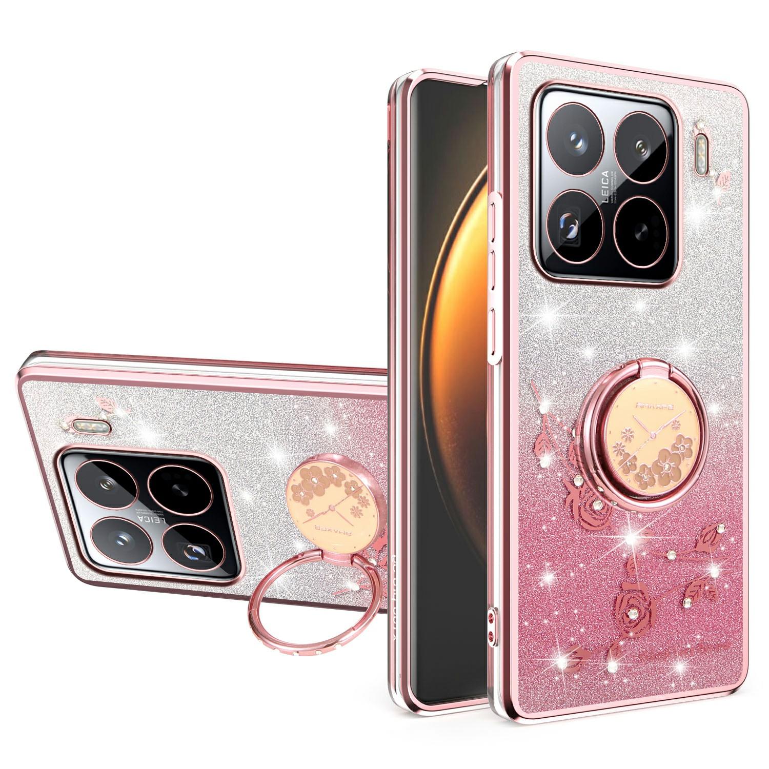 

KADEM For Xiaomi 15S Pro Case Ring Kickstand TPU Flowers Phone Cover Gradient Glitter Rose Gold