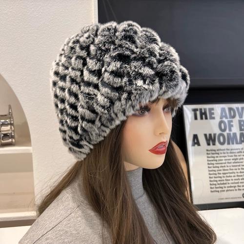 Real Rex Rabbit Hair Hat Women's Thickened Hair Hat Fur Cold Warm Ear Protection Plush Knitted Hat Baotou Hat Autumn and Winter
