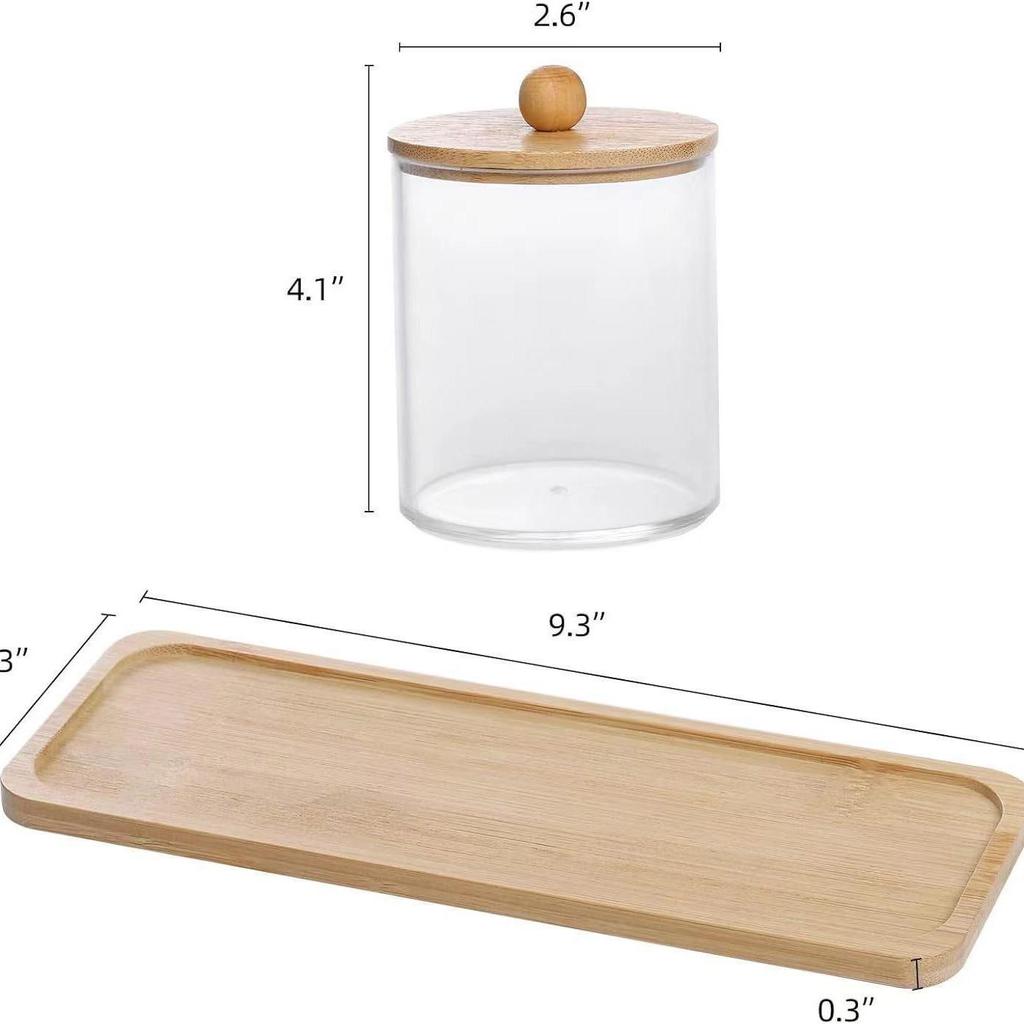 Bamboo Lid Cotton Swab & Makeup Remover Acrylic Storage Box: Includes Cotton Balls, Dental Floss, Round Box
